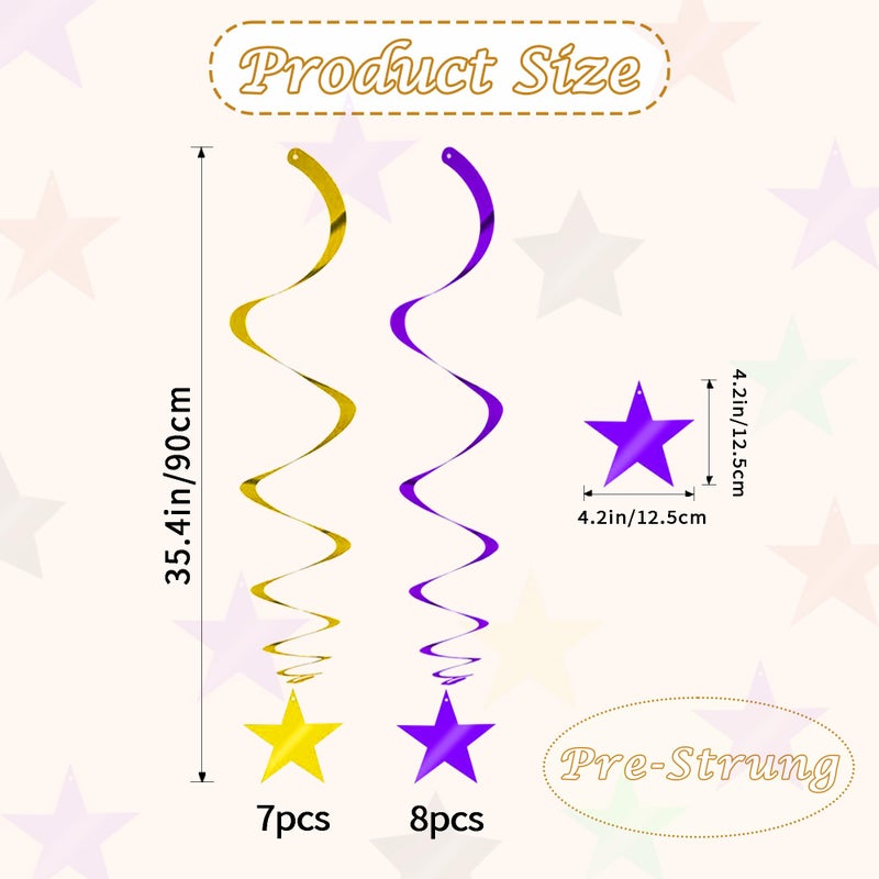 بيشيدا BEISHIDA زخارف دوامة معلقة على شكل نجمة ذهبية أرجوانية، لوازم حفلات أعياد الميلاد المعلقة للتخرج وحفلات الزفاف وحفلات استقبال المولود الجديد، حزمة من 15 قطعة - Image 2